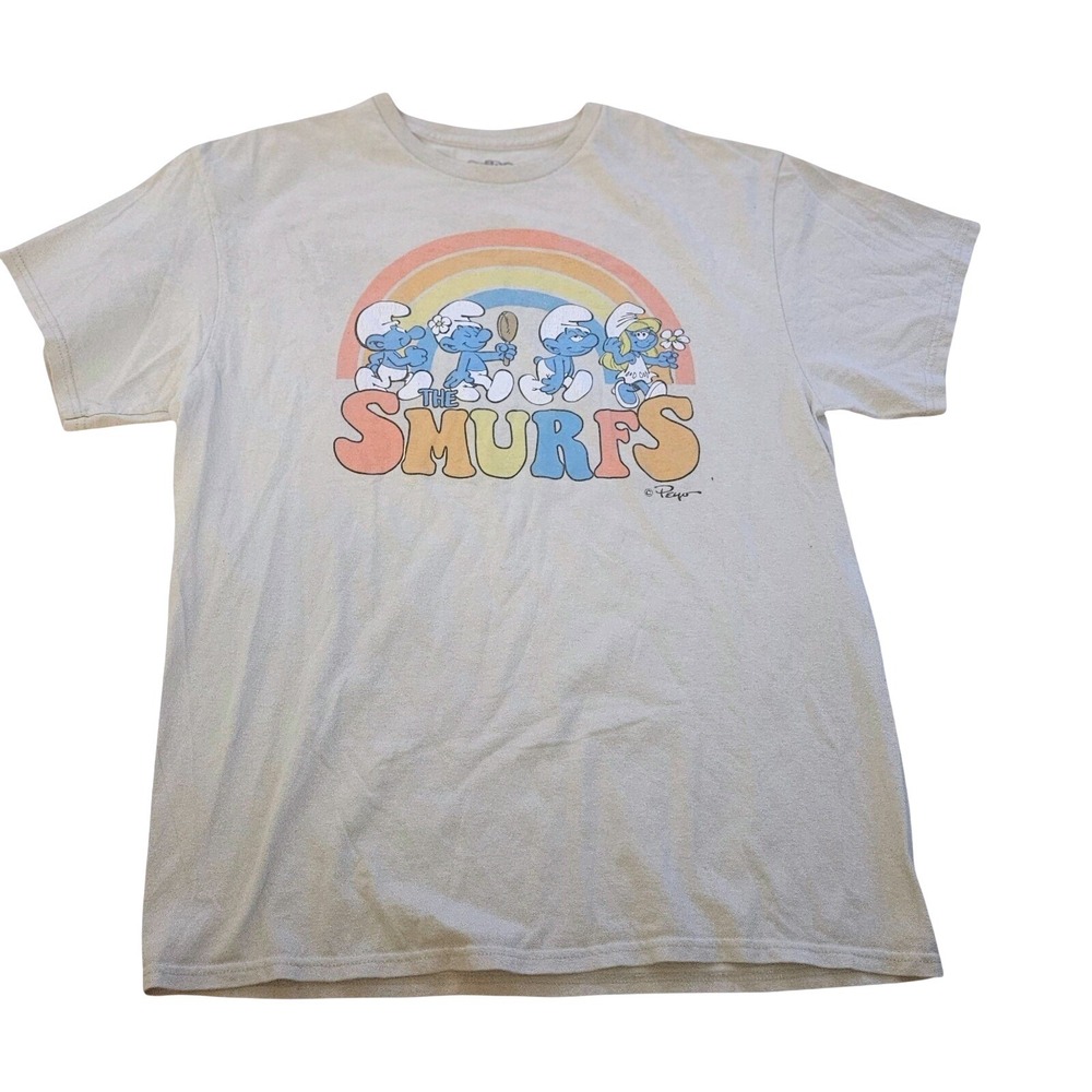 The Smurfs Graphic T-Shirt Cream Rainbow Smurfette Vintage Style Large